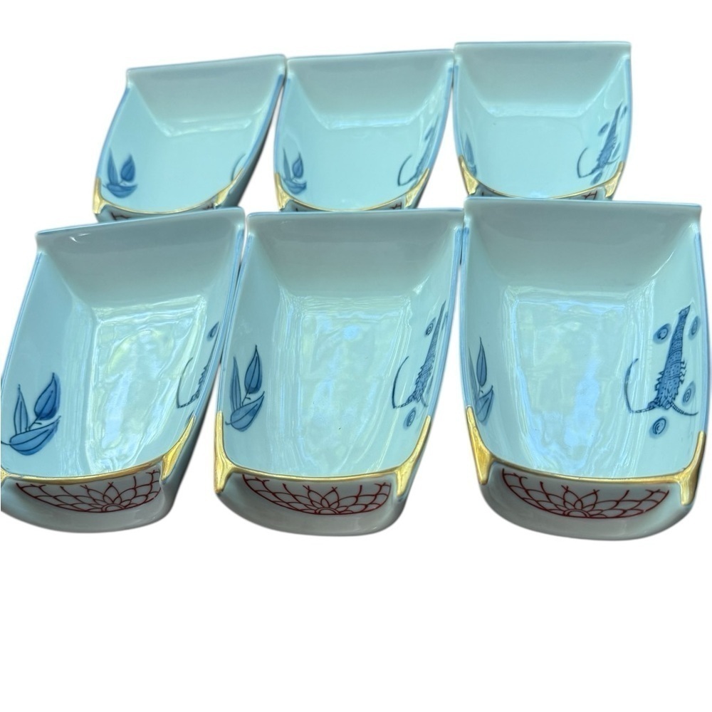 Japanese Porcelain Serving Boats with Prawns and Leaves Gold Decoration Art Deco